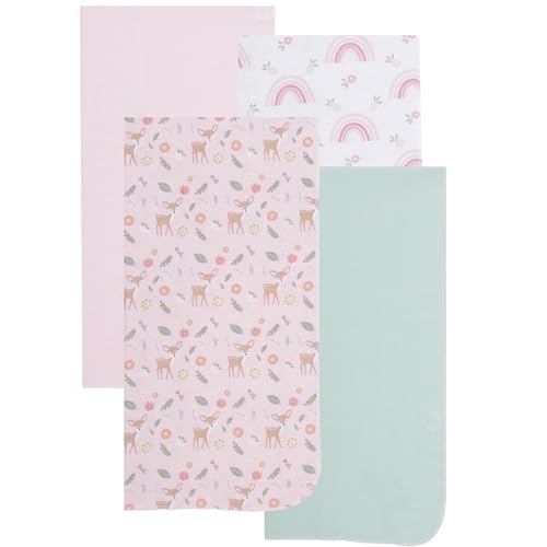 Image of EVERYDAY KIDS 4 Pack of Soft Flannel Receiving Baby Blanket Set for Girls; Pink Baby Swaddle Blankets with Woodland Baby Deer and Rainbow Designs for Newborn Baby Girl Nursery