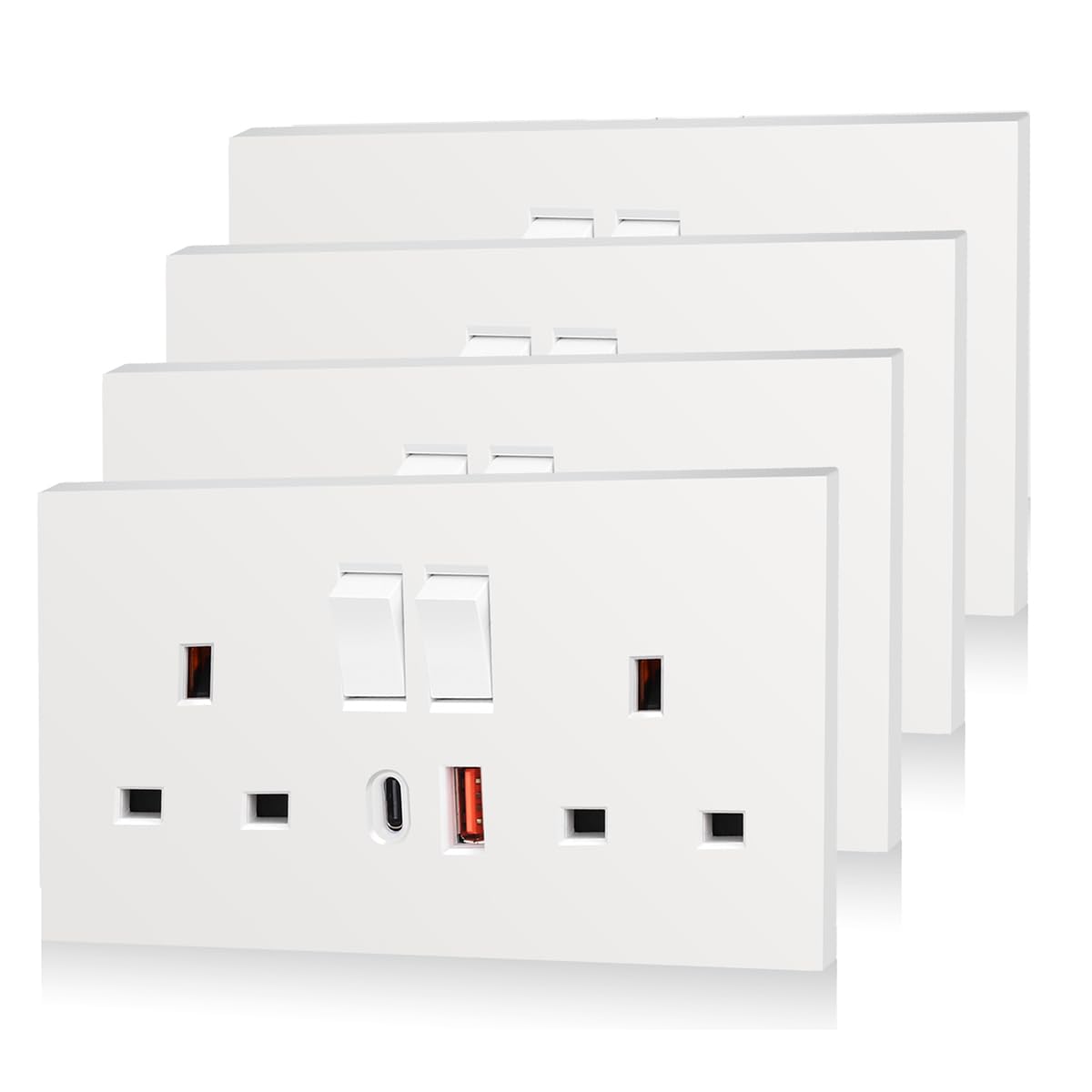 – 4 Pack CNBINGO USB Type C Double Socket, 20W Max Fast Charging, Double Switched Socket with 20W PD USB C and A, Electric Power Sockets 2 Gang 13 Amp, White Double Wall Outlet