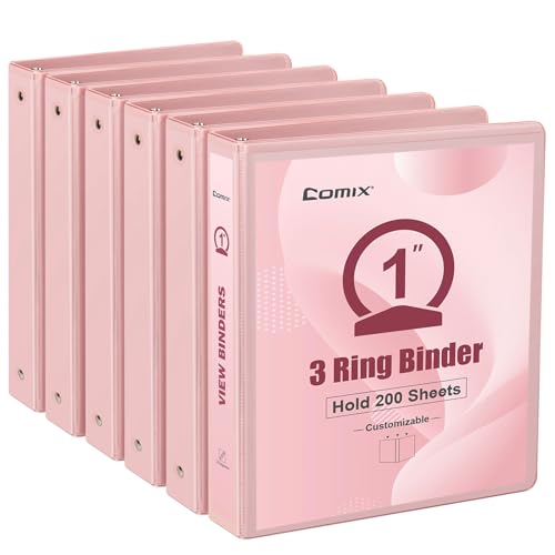 COMIX Standard 3 Ring Binder 1 inch with Clear View Cover, 1" Round Ring View Binder Holds 200 Sheets of US Letter Size Paper for School Office Supplies, 6 Pack (Pink)