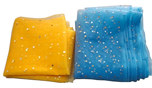 Image of Dual Color Combo of 42inch Width Dotted Mesh Net Fabric for Decoration, Fruit /Dryfruit /Gift Packing & Trousseau Tray Packing (5 Meter Each Color, Yellow & Light Blue)