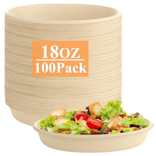 MUXHEL 100PCS 18 OZ Oval Paper Bowls Disposable Bowls Heavy Duty Compostable Bowls for Meal Prep Milk Cereals Salads