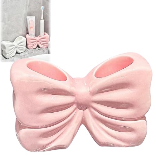 Porta spazzolino da denti con fiocco, grazioso portaspazzolino in ceramica con 2 scomparti, accessori personalizzati per il piano di lavoro del bagno, per doccia, toeletta (rosa)