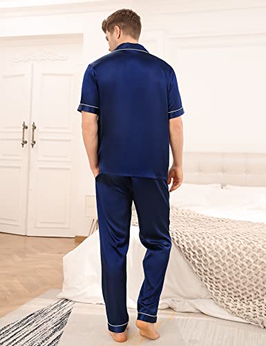 Image of SWOMOG Mens Satin Pajama Set Short Sleeve Classic Sleepwear Button Down Silky Loungewear with Long Pants