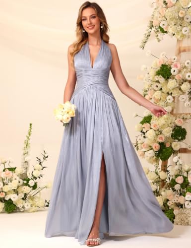 Image of Shimmer Chiffon Bridesmaid Dresses Halter Formal Gown