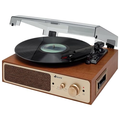 JENSEN Vinyl Record Player 3 Speed Turntable with Dual Bluetooth Connection Transmit and Receive, Cassette Player, and Two Built-in Speakers