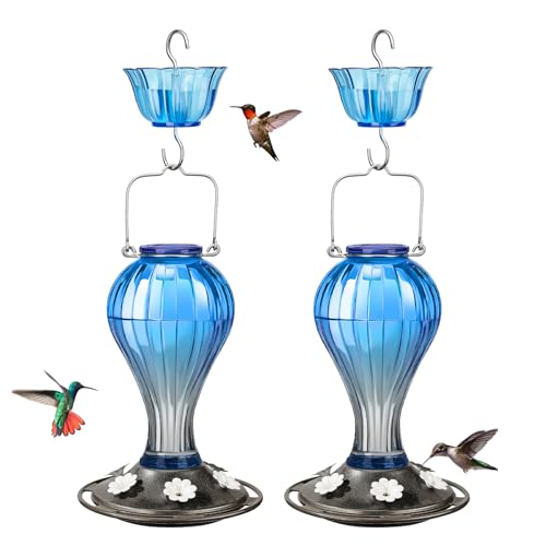 Kingsyard 2 Pack Glass Hummingbird Feeder 24 Ounces, 6 Feeding Ports, Hanging Bird Nectar Feeder for Outdoors Garden Yard Décor, Ant Moat Included, Blue