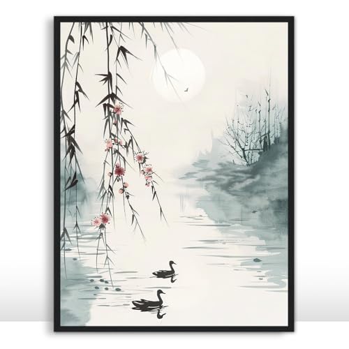 Moonow7 Bamboo Moon Wall Art Prints, Large Asian Poster in Chinese Ink Painting with Tranquil Landscape for Living Room or Bedroom, Dining Room Decor, Unframed Size 45x60 cm / 18x24″