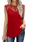 MIHOLL Women's Sexy Sheer Lace Sleeveless Tank Tops Ruffle Cap Sleeve Cami Shirts Casual T Shirts（Red, x-Large）