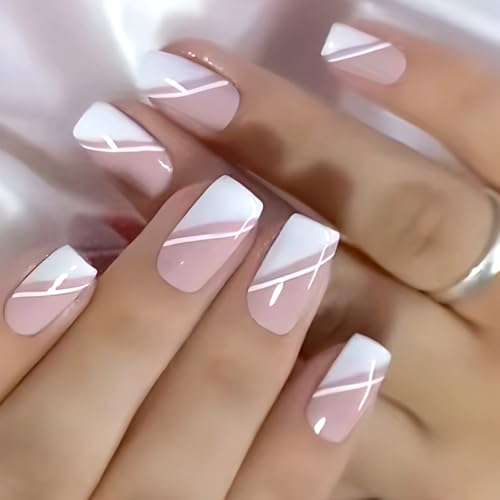 24 uñas postizas blancas de color rosa brillante, líneas a presión, cubiertas completas, se pegan en acrílico simple artificial