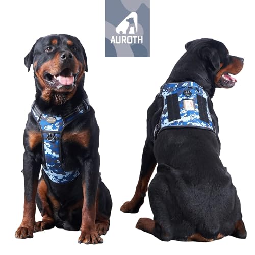 Image of Auroth Tactical Dog Training Harness No Pulling Front Clip Leash Adhesion Reflective K9 Pet Working Vest Easy Control for Small Medium Large Dogs Blue Camo L