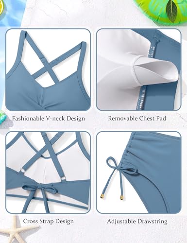 Image of Teen Girls Swimsuits V-Neck Bikini Set Bathing Suits Cross Straps Two Piece Swimwear with Drawstring