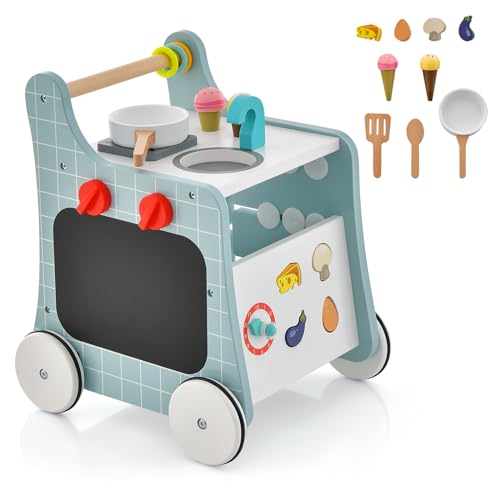 COSTWAY Andador Bebes de Madera 6 en 1, Carrito de Madera para Bebés, Centro de Actividades de Aprendizaje para Empujar y Jalar para Bebés con Cocina, Reloj, para Bebés de 12+ Meses (Azul)