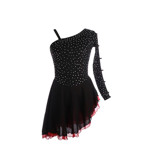 Vestido de patinação artística, strass brilhante, patchwork preto e vermelho, manga única, fantasia