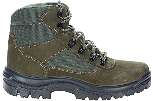 POSTIGO: Botas de Trekking para Montaña Senderismo Acampadas y Trabajo - Unisex para Niños y Adultos - Piel Serraje y Nailon - Gran Resistencia y Agarre. Verde Talla 43