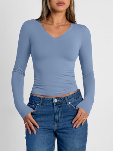 Image of Trendy Queen Womens Long Sleeve Shirts 2026 Fall Fashion Basics Crop Tops