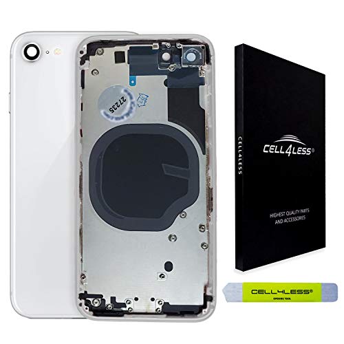 CELL4LESS Back Housing Complete Assembly Metal MidFrame w/Back Glass - Sim Card Tray and Camera Frame and Lens for iPhone 8 NO Logo (White)