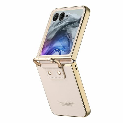 Image of for Motorola Razr 50 Ultra 5G Case Electroplating Leather Coated PC Phone Cover with Spring Ring Buckle Kickstand - White