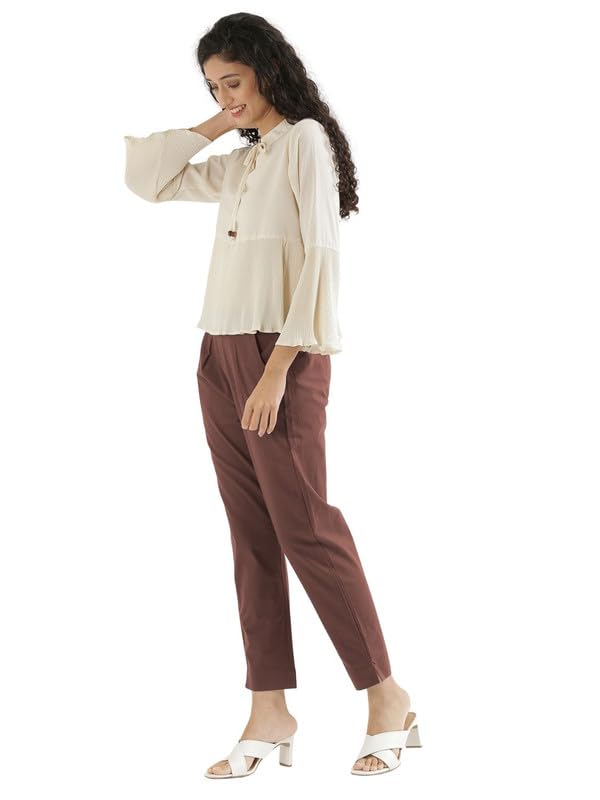 Image of SAADAA Women Cotton Pant Regular Slim Fit Mid Rise Trouser, Pocket Pants for Office School Formal Casual Daily Use