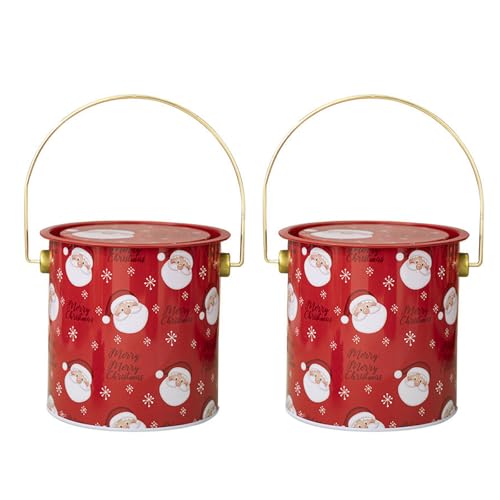 HUANGANG 2pcs Christmas Treat Container With Carry Handle Handheld Tinplate Round Bucket Sweets Tins Candies Storage Organizers