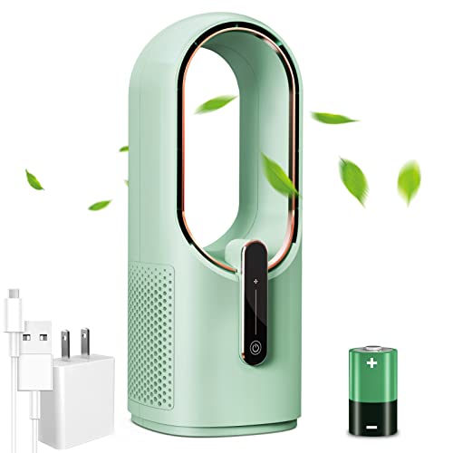 Bladeless Desk Fan, 11.8 Inch Portable Small Fan Quiet Table Fan Rechargeable Portable Fan, with 3 Wind Speeds for Bedroom, Kithchen,Home, Office, Outdoor (Green)
