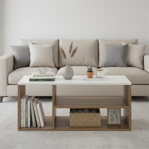 Image of FURNEASER Medina Modern Engineered Wood Coffee Table with Open Storage Shelves | Wooden Center Table for Living Room, Sofa Area & Lounge | Multipurpose Tea Table with Storage (Exotic Teak & White)