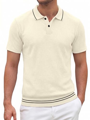 Crastimo Men's Textured Polo Shirt Vertical Rib Short Sleeve Contrast Trim Collar Hem 2-Button Classic Fit Casual Golf White S