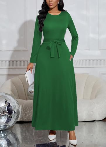 Image of BubFee Long Dress for Women Casual Long Sleeve Dresses Maxi Dress Empire Waist Loose with Belt