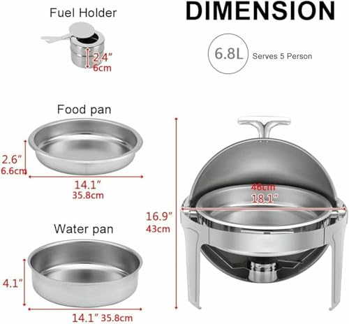 FLTRGO 6,8 l Chafing Dish, runder Roll-Top-Chafer, Edelstahl-Buffetwärmer für Catering-Partys, Hochzeiten, mit Lebensmittelpfanne, Wasserpfanne und Brennstoffhaltern~/ – Bild 7