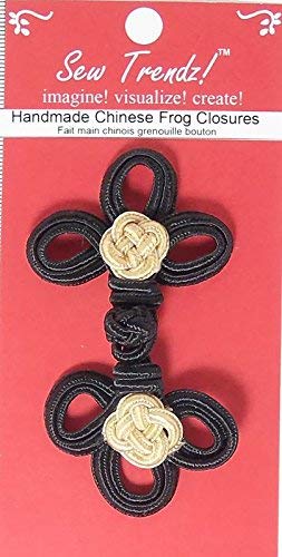 Sew TrendzVision Trims Handmade Chinese Frogs Button Closures - Black/Sunset Beige -Double Braid with Flower - 1 Pair/pk