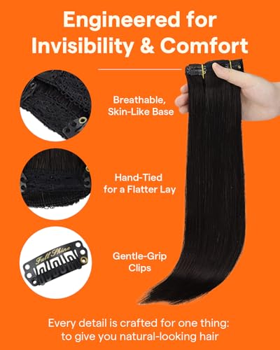 Image of Full Shine Black Clip in Extensions Real Human Hair | Natural Clip in Hair Extensions, for Black Women, Soft Natural Look, 16 Inch 3 Pcs 60g