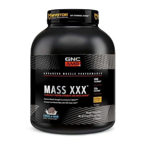 GNC AMP Mass XXX, Clinically Proven Weight Gainer Protein Powder, Improves Strength, Size, 780 Calories, 50g Protein, Micronized Amino Acids, Creatine, Betaine, Cookies & Cream, 13 Servings, 6 SVG