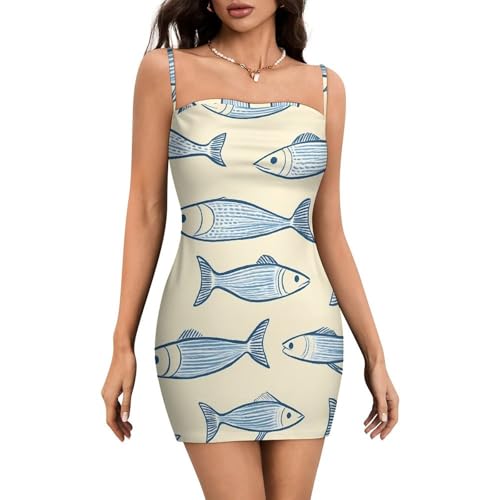 Sardine Fish Women Mini Dress Boho Spaghetti Strap Sleeveless Bodycon Dresses XL