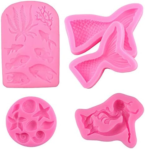 Silicone Molds for Baking Marine Theme Fondant Star Mermaid Shark Fish Seashell Mermaid Tail Seaweed Food Safe Fondant Molds Kit for Cupcakes Candy or Cakes