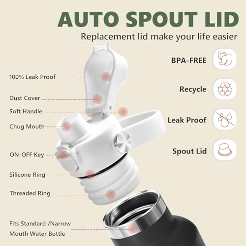 Image of EIPOSAU Auto Flip Lid for Hydro Flask Standard Mouth Bottle, Spout lid for HydroFlask Narrow Mouth Bottle, Replacement Lid with Button Lock