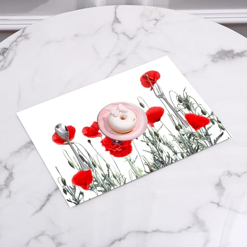 EYLOZS Sets de Table Lavables,Lot de 4 Sets de Table Plastique PVC,Résistant à la Chaleur,Antidérapant,Facile à Nettoyer,Ensemble de Coquelicots Rouges...