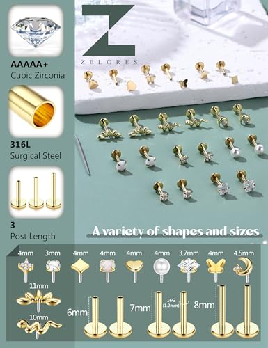 20G/16G Threadless Flat Back Earrings for Women 316L Surgical Steel Push in CZ Cartilage Stud Earrings Hypoallergenic Nose Rings Studs Conch Tragus Body Piercing Jewelry 6mm 7mm 8mm Length4