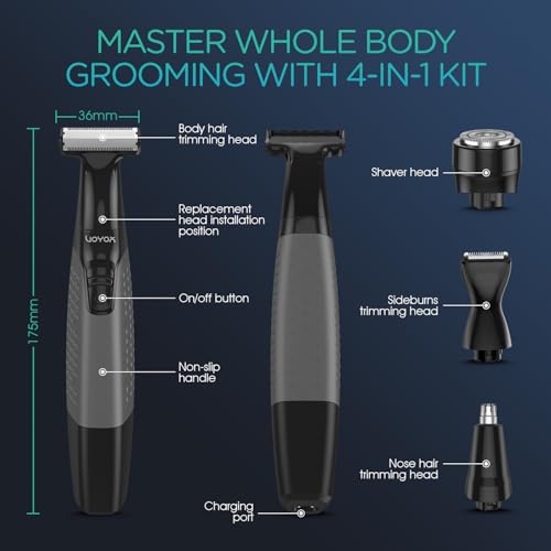 Image of VOYOR Beard Trimmer for Men Electric Razor, Nose Face Body Hair Trimmer with Adjustable Length Combs All in 1 Rechargeable Mens Grooming Kit Cordless Electric Shaver Wet /Dry TX510 (Grey)