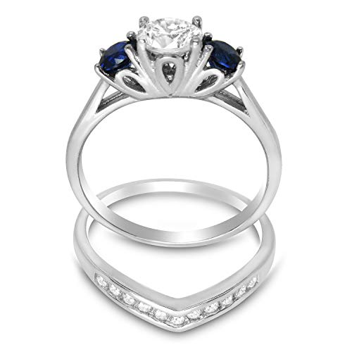 LaRaso & Co His Hers Sterling Blue Sapphire CZ Bridal Wedding Band Engagement Ring Set Him Her Thin Blue Line4