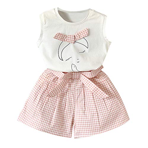 Luckycat Bebe Niña Camiseta Mangas Corta Patrón de Arco Camisa Tops + Pantalones Cortos de cuadrícula Verano Conjunto de Ropa Chica 2-7 Años Ropa Camiseta Sin Mangas Tops Y Flores Pantalones Cortos