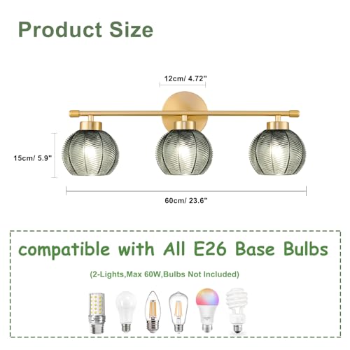 Image of Modern 3 Lights Wall Sconce Lighting, Vintage Bathroom Light Fixtures Gold Vanity Light, Farmhouse Green Glass Wall Lamp, Porch Wall Mount Light for Mirror Living Room Bedroom