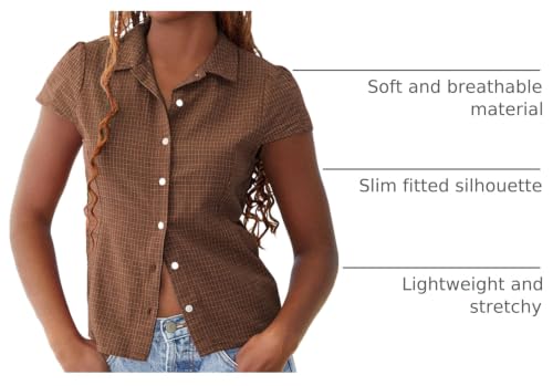 Image of Y2k Girls Vintage Coquette Button Down Shirt Women Short Sleeve V-Neck Slim Fitted T-Shirt Cute Blouse Crop Top