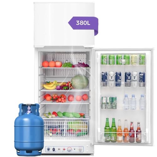 Smad Frigo Gaz, 380L(287+93), Frigo Gaz/220V avec Congélateur, Réfrigérateur Camping Gaz, Silencieux pour Gîte, Garage, Camping, Mobile-home, Blanc