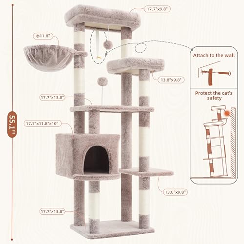 Image of Gitelsnour 55.1'' Cat Tree Tower for Indoor Cats, Large Platform, CCT013MU | 7 Sisal Scratching Posts, Multi-level Cat Condo Cat Cave, 2 Padded Perches, Basket, Furry Ball, Toy, Mushroom