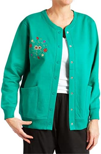 Pembrook Fleece Cardigans for Women with Pockets | Grandma Sweater with Snap Buttons | Embroidery Jackets Clothing for Senior Women Teal