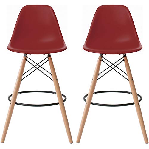 2xhome - Set of Two (2) - 25" Seat Height DSW Molded Plastic Bar Stool Modern Barstool Counter Stools with Backs and armless Natural Legs Wood Eiffel Legs Dowel-Leg (Red)