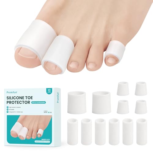 Image of Promifun Silicone Toe Protectors - 12 Pack Silicone Toe Sleeve for Hammer Toes, Corns, Calluses, Blisters - Soft Gel Toe Tube Pads for Pain Relief(Multi Sizes, White)