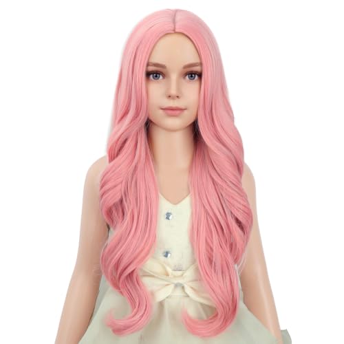 PATTNIUM Kids Child Pink Wig Long Wavy Curly Pink Wig for Girls Kids Long Sythetic Wigs