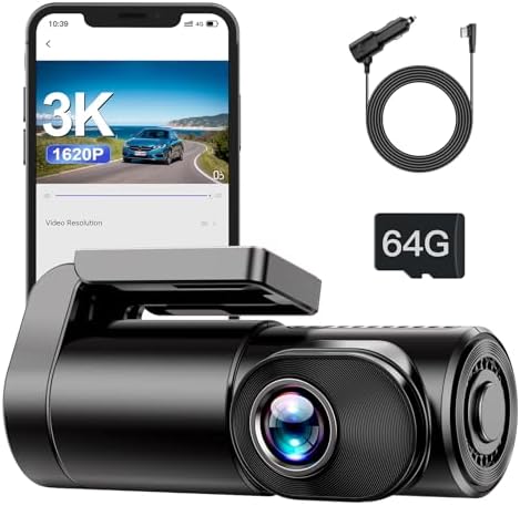 Range Tour 3K Dash Cam Front WiFi Mini Car Camera with 64GB Memory Card, 0.96" Display Driving Recorder, APP Control, HDR 2.0, Loop Recording, Night Vision, 170° Wide Angle, Max 256GB