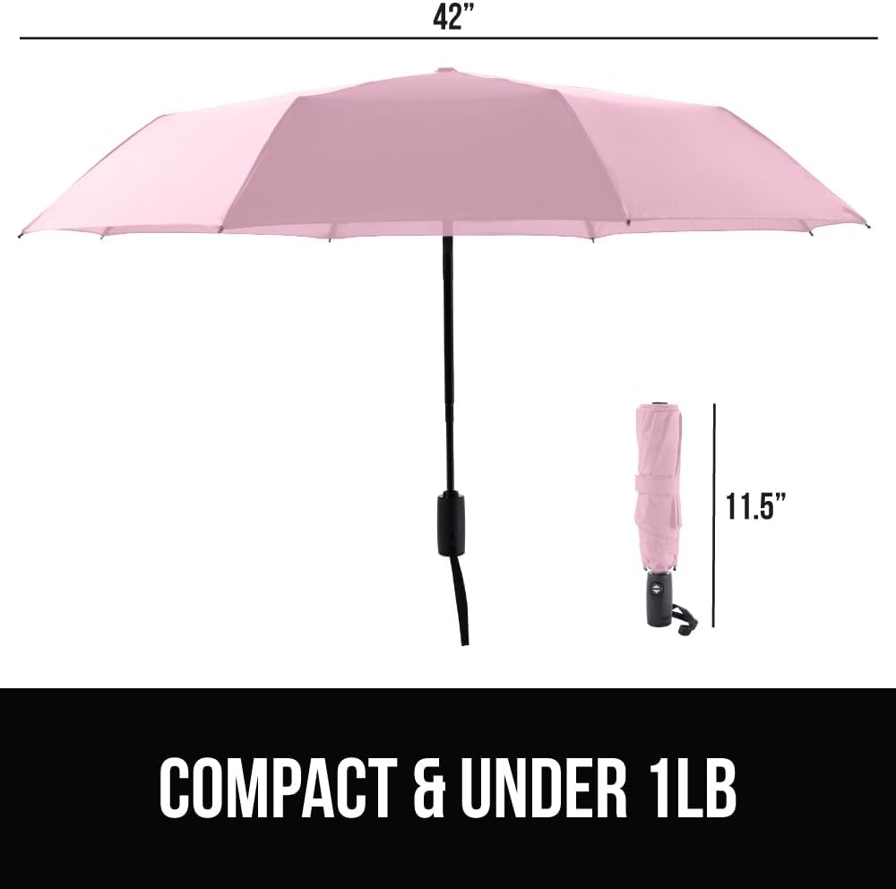 GORILLA GRIP Strong Windproof Stick Compact Umbrella for Rain, One-Click Automatic Open and Close, Durable Quick Dry Waterproof Material, Lightweight and Portable, Travel Size Fits Backpack, Pink - Image 5