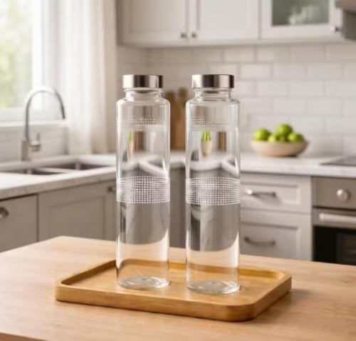 Image of 750 ML Glass Water Bottle with Stainless Steel Leakproof Lid | BPA Free Transparent Glass Bottle | Reusable Fridge Water Bottle for Home, Office, Gym & Travel | Wide Mouth Drinking Bottle (Pack Of 2)